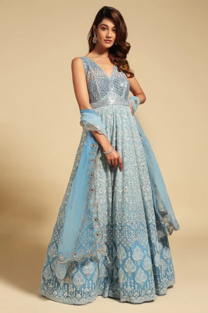 Powder Blue Ombre Chikan Gown Set